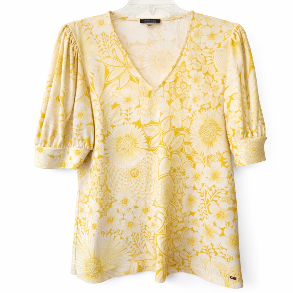 Tommy Hilfiger Top Blouse yellow white floral short puff sleeves size M